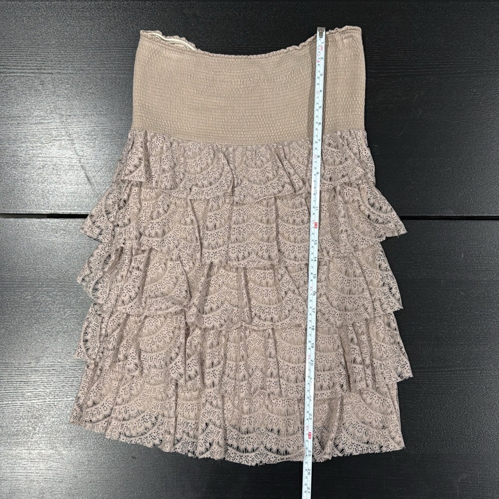 Forever 21 Elegant Taupe Strapless Lace Tiered Mini Dress - L - Picture 11 of 12